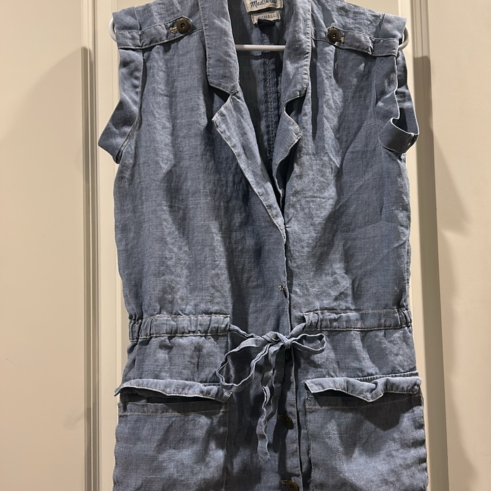 Madewell Chambray Utility tie button down dress short sleeves pockets size XS